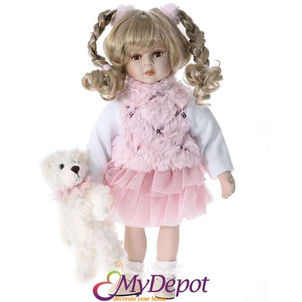 Порцеланова кукла с розова рокля и мече, 36 см