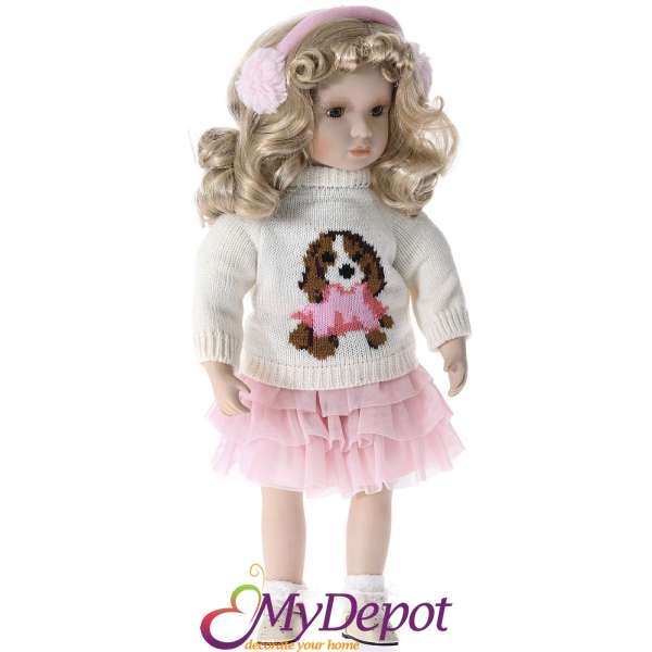 Порцеланова кукла с розова пола и пуловер, 46 см