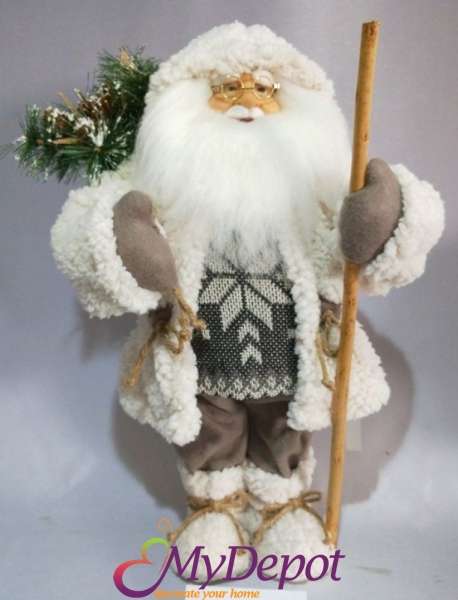Фигура Дядо Коледа с бели пухкави дрехи, 45 см