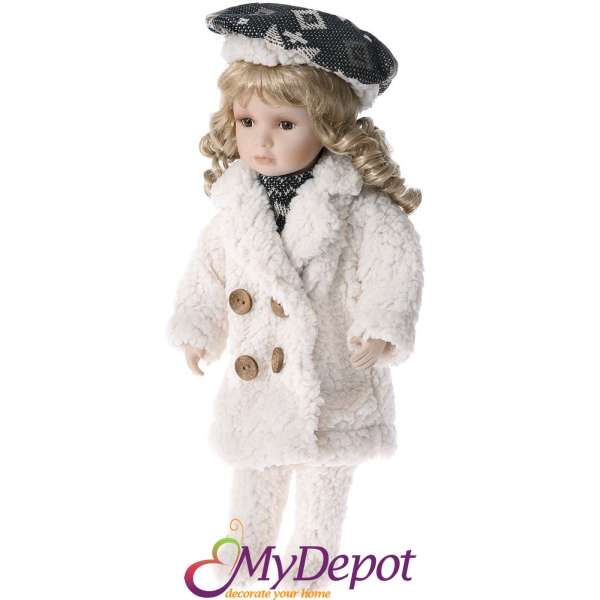 Порцеланова кукла с бели пухкави дрехи, 46 см
