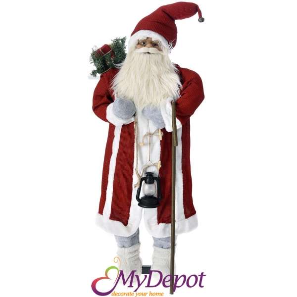Фигура Дядо Коледа със светещ фенер, бяло-червени дрехи, 90 / 120 см
