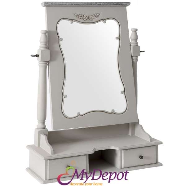 Дървено огледало с тоалетка, ретро бяло, 48х68 см