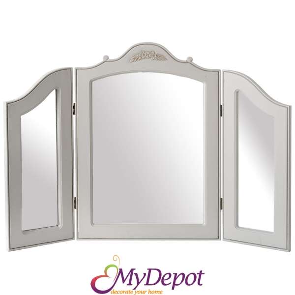 Дървено огледало 3-ка , ретро бяло, 84х60 см