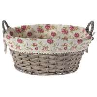 Плетен панер с дръжка, натурал, рози плат, 42х33х18 см