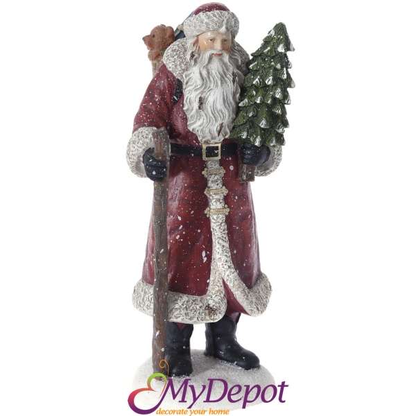 Керамична фигурка Дядо Коледас елха, червен, 10х24 см
