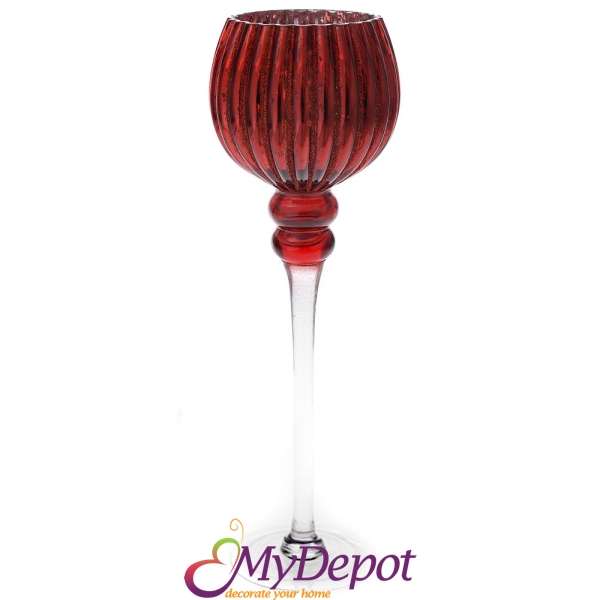 Свещник чаша със столче,  червено стъкло, 13х40 см