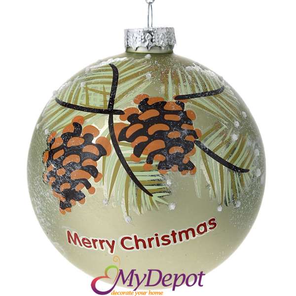 Стъклена топка с рисуван декор , Merry Christmas, матирано зелено к-т 4 бр, 8 см