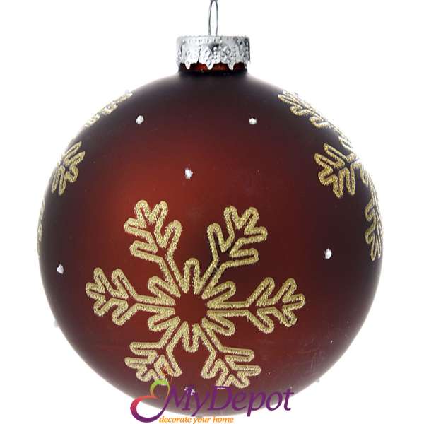 Стъклена топка с рисуван декор , златна снежинка , бордо, к-т 4 бр, 8 см