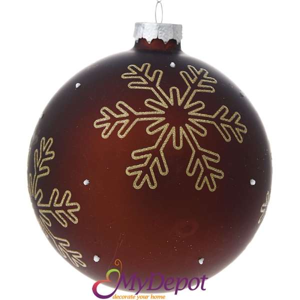 Стъклена топка с рисуван декор , златна снежинка , бордо, к-т 2 бр, 10 см