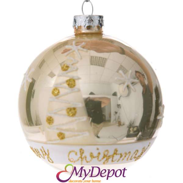 Стъклена топка с рисуван декор, брокатена елха, праскова, к-т 4 бр, 8 см