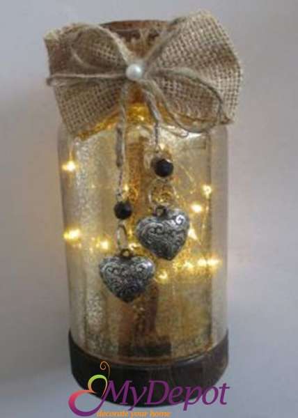 Стъклена бутилка декор с 18 LED лампички, напукано, злато, 8х18 см