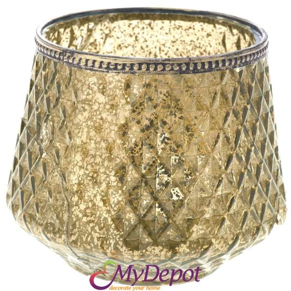 Свещник стъкло с метален обков, злато, Ф16х13см