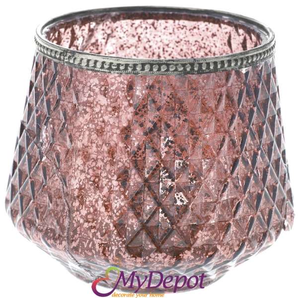 Свещник стъкло с метален обков, розов, Ф16х13см