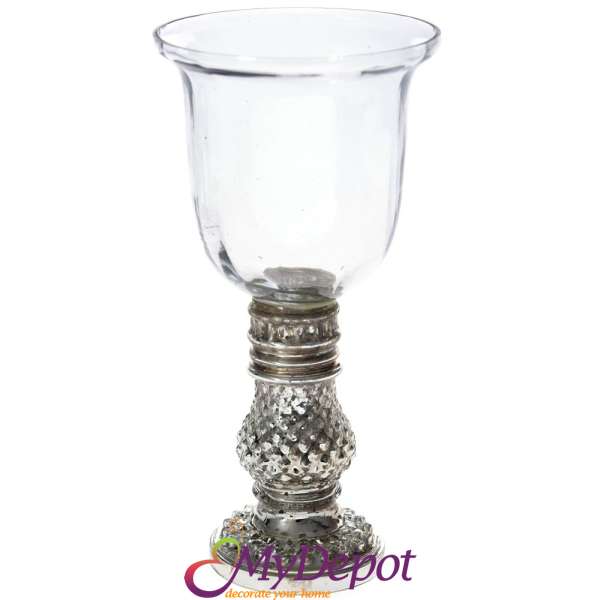 Стъклен свещник със сребърна основа, Ф11х21 см