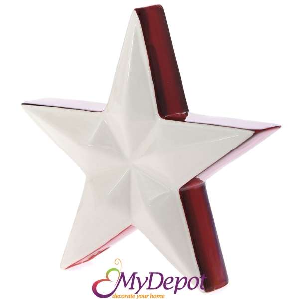 Керамична звезда бяла с червен кант, гланц, 16х16 см