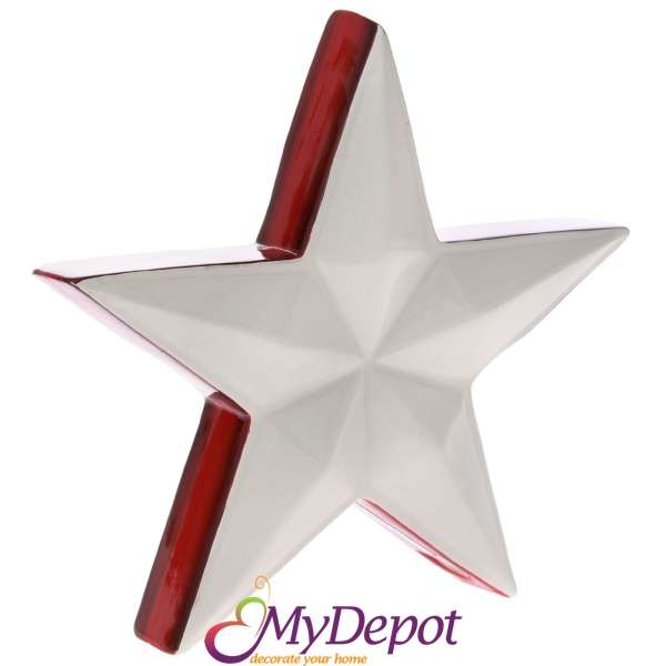 Керамична звезда бяла с червен кант, гланц, 21х20 см