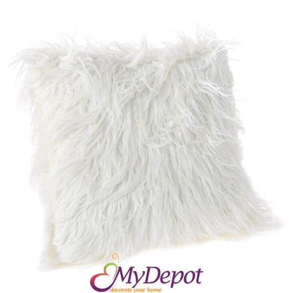Декоративна възглавница с козина, бяла, 43х43 см