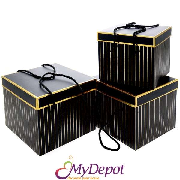 Картонена кутия черно и златно, комплект 3 бр.,18х18х16/20х20х17/22х22х18 см