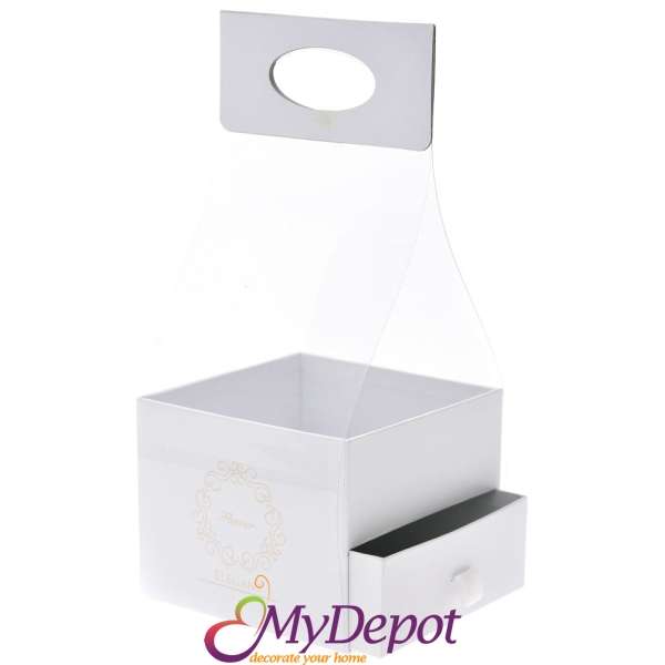 Картонена кутия с прозрачна дръжка, бяла, 15х15х12/34 см