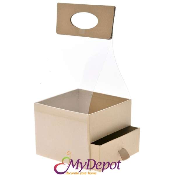 Картонена кутия с прозрачна дръжка, беж, 15х15х12/34 см