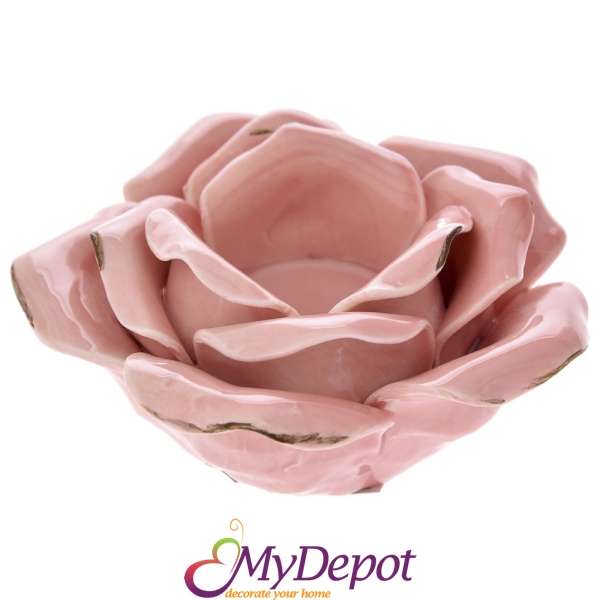 Керамичен свещник лотос, розов, Ф 12х6 см