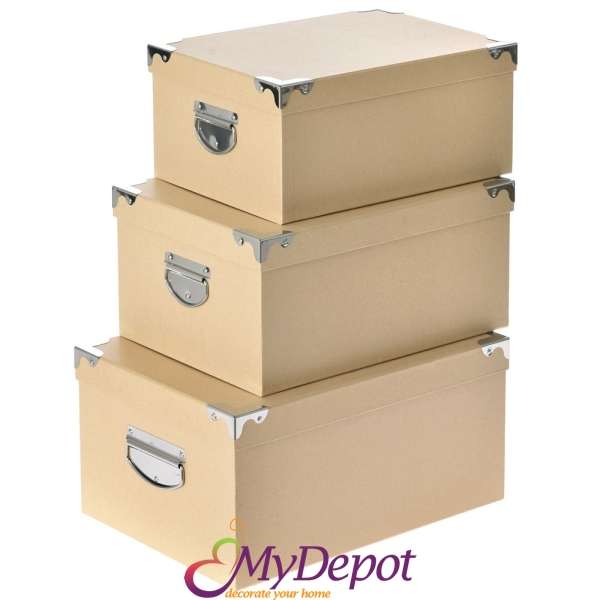 Картонени кутии 3 бр. с метални ръбове, беж (1)