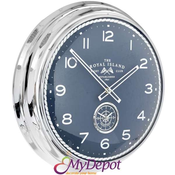 Метален стенен часовник със сребърна рамка, Ф 51 см