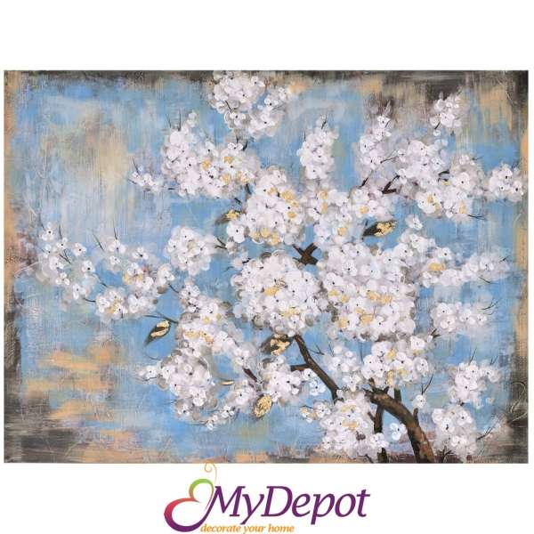 Картина масло, бели цветя, син фон, 90х120 см