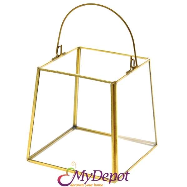 Стъклен светилник със златни метални кантове, 12х12х12 см