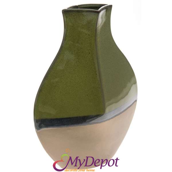 Керамична ваза, беж/зелено, 25х12х33см