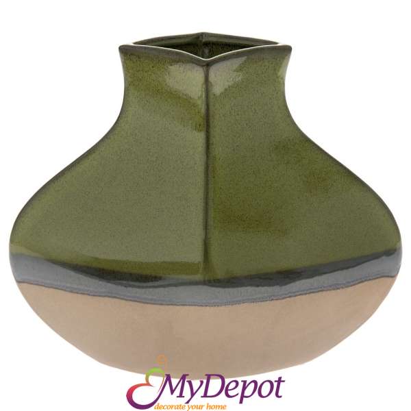 Керамична ваза, беж/зелено, 28х12х24см