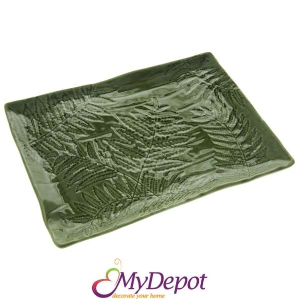 Керамичен поднос, зелени листа, 31х22 см