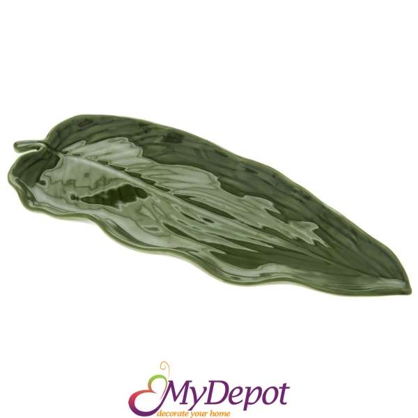 Керамичо плато, зелено листо, 38х15 см