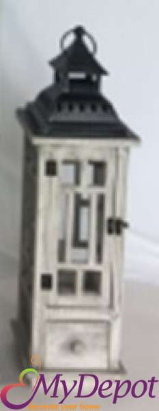 Дървен фенер с шкаф,  бял,17х17х57 см