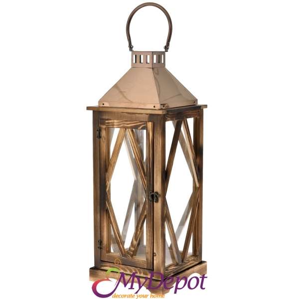 Дървен светилник с бронзов капак, опушен,  22х22х45/60 см