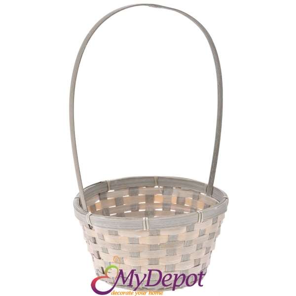 Плетена бамбукова кошница с дръжка и найлон, сива, Ф20х11/38 см