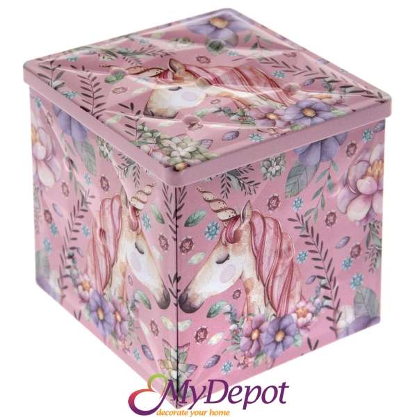 Метална кутия розова, еднорог, 9х9х9 см