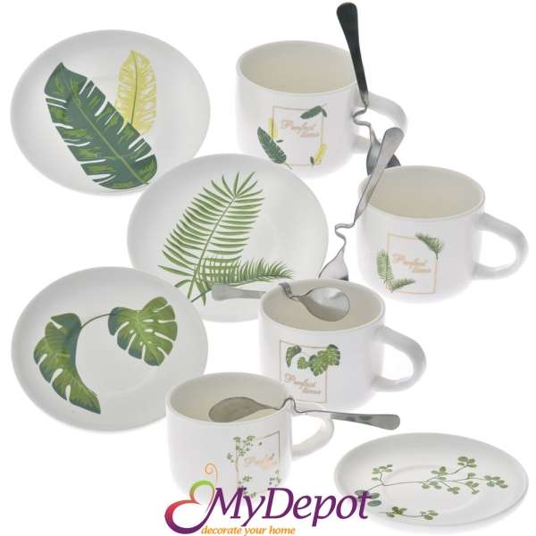 Керамична чаша с чиния и лъцичка в кутия, зелени палмови листа