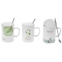 Керамична чаша с капак и лъжичка в кутия, NATURAL