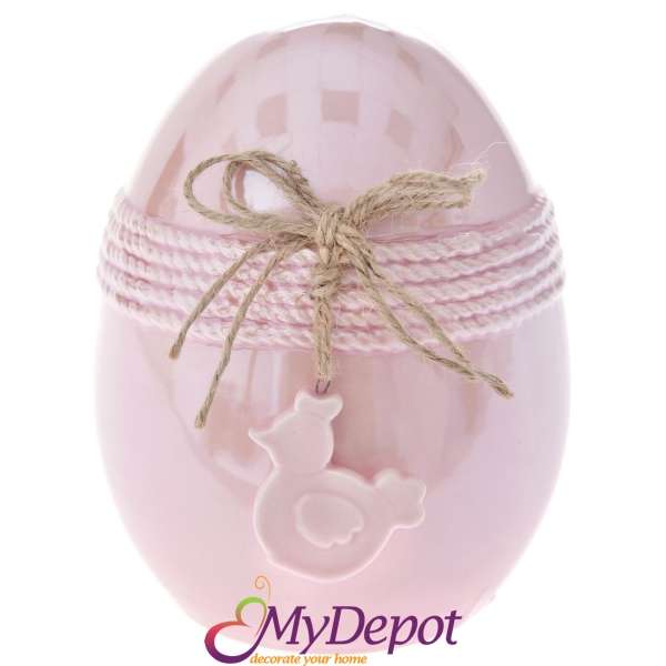 Керамично яйце с панделка, розово, Ф 13х15 см