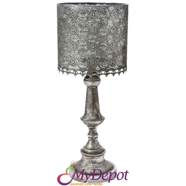Метален свещник, лампа , състарено сребро, 21х21х55 см