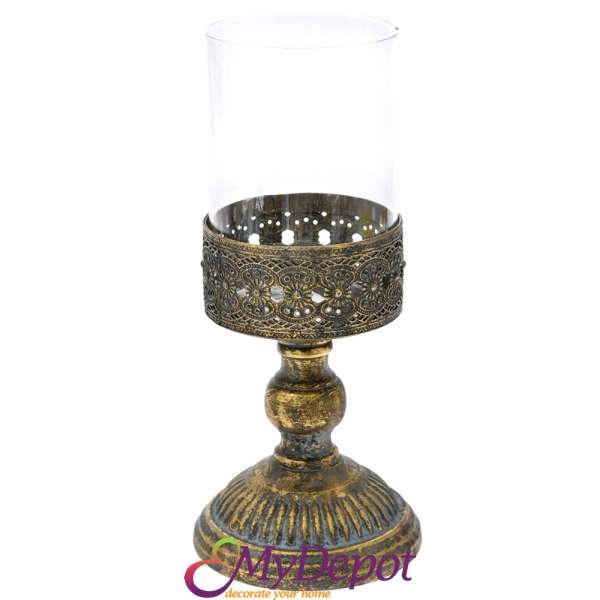 Метален свещник със стъклена чашка , старо злато, 12х12х28 см