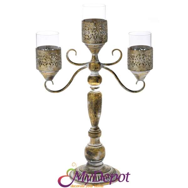 Метален свещник тройка със стъклени чашки , старо злато, 38х18х60 см