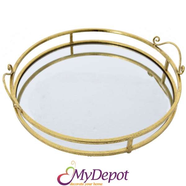 Метален поднос с огледало, злато, Ф 40 см