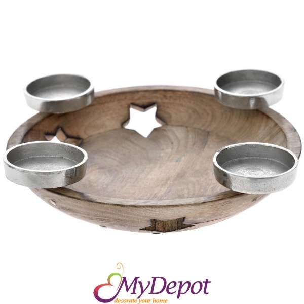 Дървен поднос с метални чашки за чаена свещ, сребро, Ф35х10 см