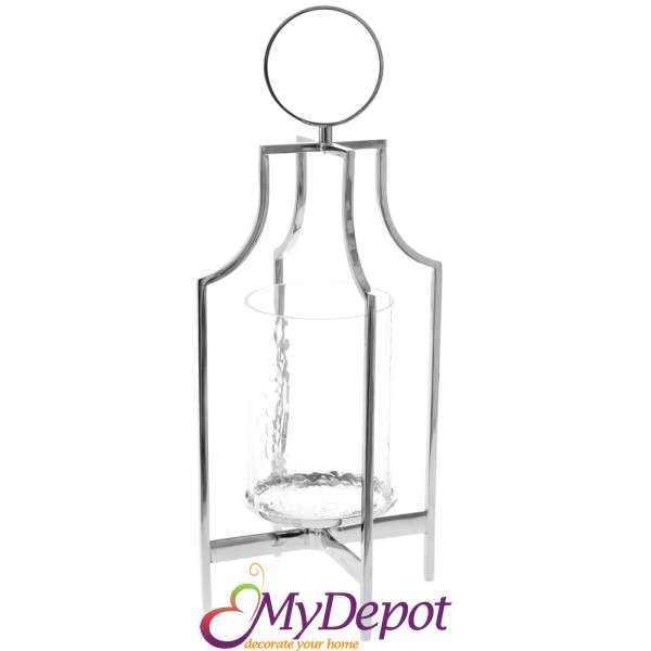 Иноксов свещник със стъклена чашка, 18х18х40 см