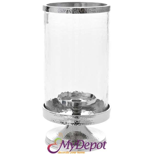 Стъклен свещник с метална основа, сребро, Ф 15х31 см