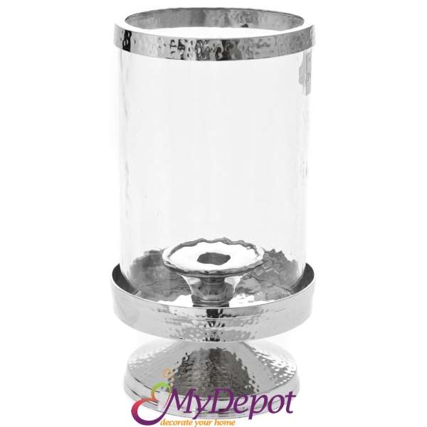 Стъклен свещник с метална основа, сребро, Ф 12х23 см