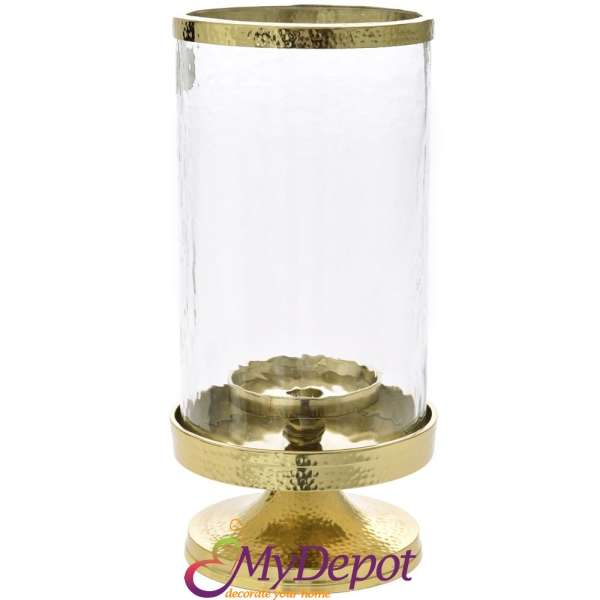 Стъклен свещник с метална основа, злато, Ф 15х31 см