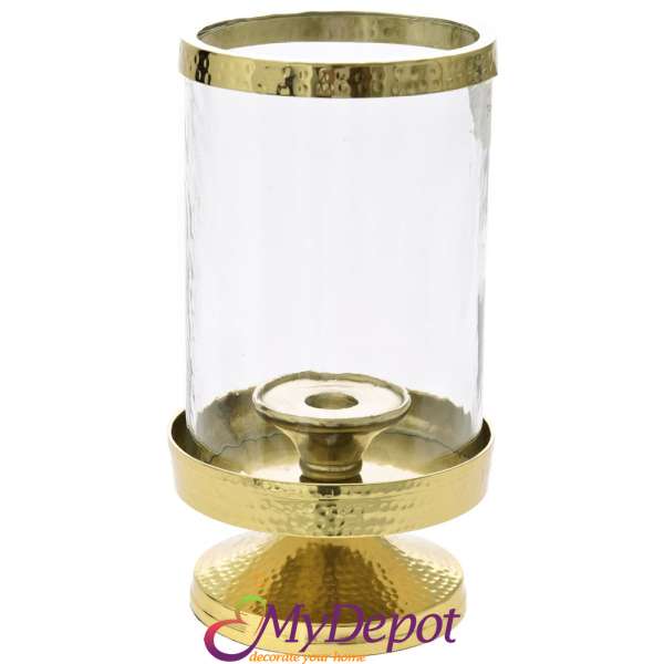 Стъклен свещник с метална основа, злато, Ф 12х23 см